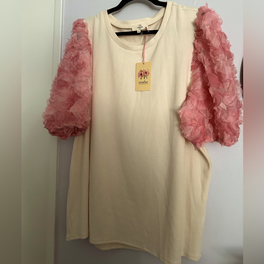 Pink Ribbed Knit Contrast Sleeve Sweater Top 2x